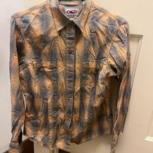Roper tan and blue with sparkles plaid snap up shirt